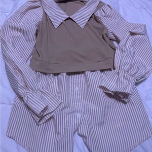 Striped Collared Layered Shirt with Camel Knit Overlay